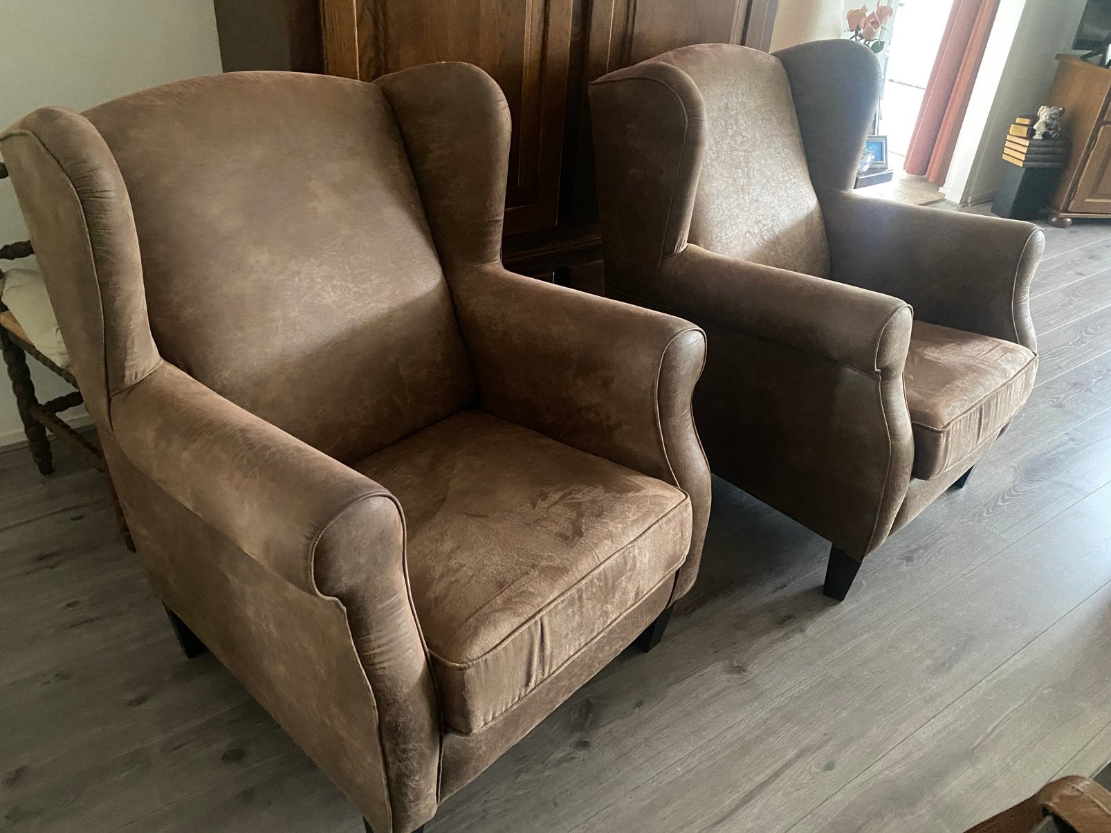 2 hele nette fauteuils kleur taupe achtig, Ophalen, 75 tot 100 cm, Zo goed als nieuw, Stof
