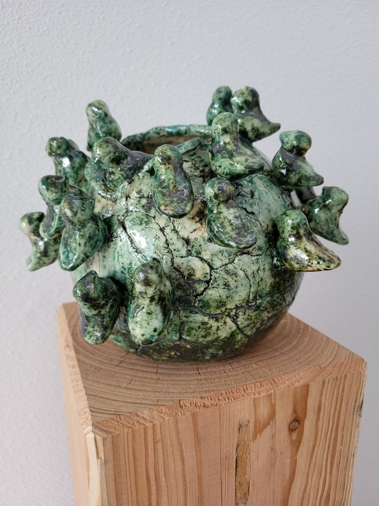 RONDE BOL MET VOGELS, geglazuurd, keramiek, Verzamelen, Ophalen, Nieuw, Fantasy