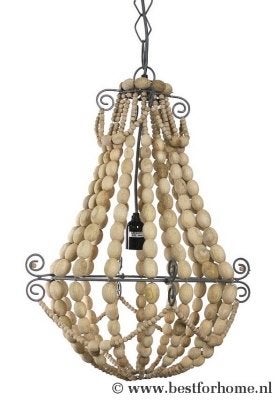 Houten kralen kroonluchter - Boheemse stijl, Huis en Inrichting, Lampen | Hanglampen, Ophalen, Gebruikt, Hout, E27 (groot)