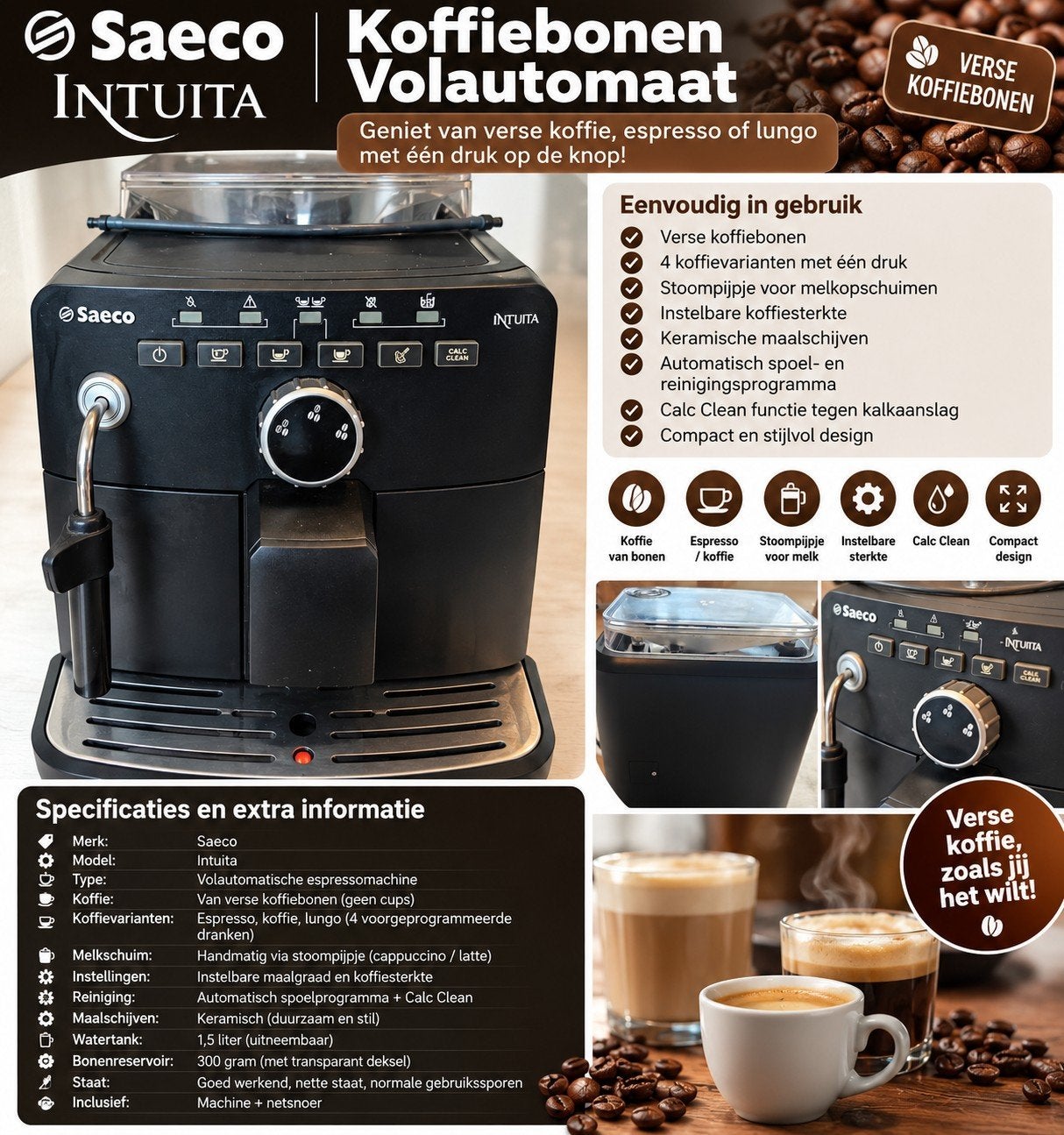 Saeco Intuita Koffiebonen Volautomaat - Zwart, Witgoed en Apparatuur, Stoompijpje, Gebruikt, Espresso apparaat, 10 kopjes of meer
