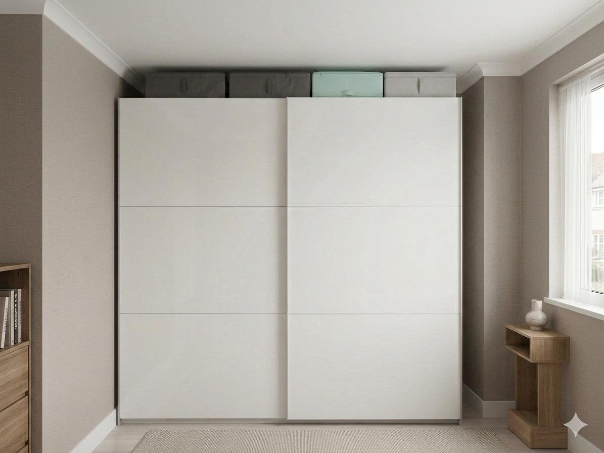 Witte kledingkast met schuifdeuren en lades, Gebruikt, 200 cm of meer, Ophalen of Verzenden, 200 cm of meer