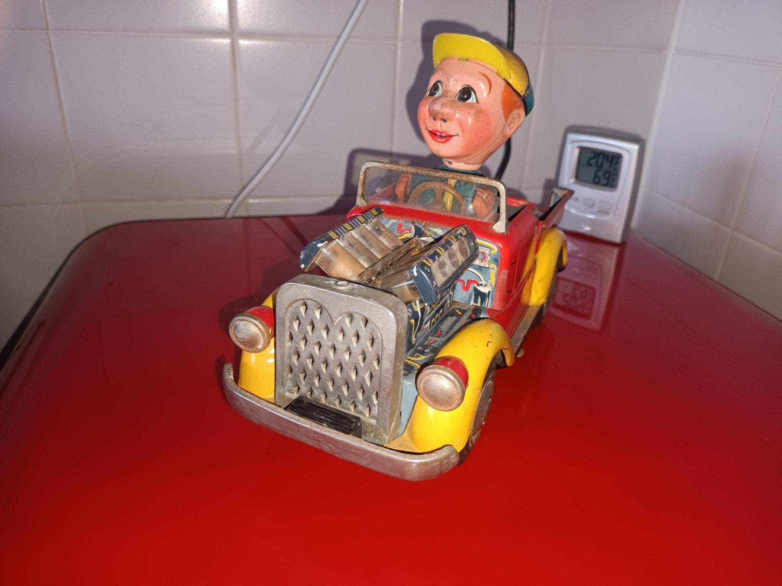 blikken speelgoed. hot rod auto + rijder. 1950 nomura Japan, Ophalen of Verzenden