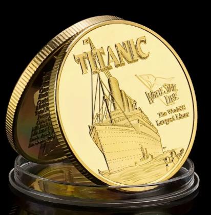 goudkleurige TITANIC herdenkingsmunt in doosje 4cm, Verzenden, Nederland, Munten