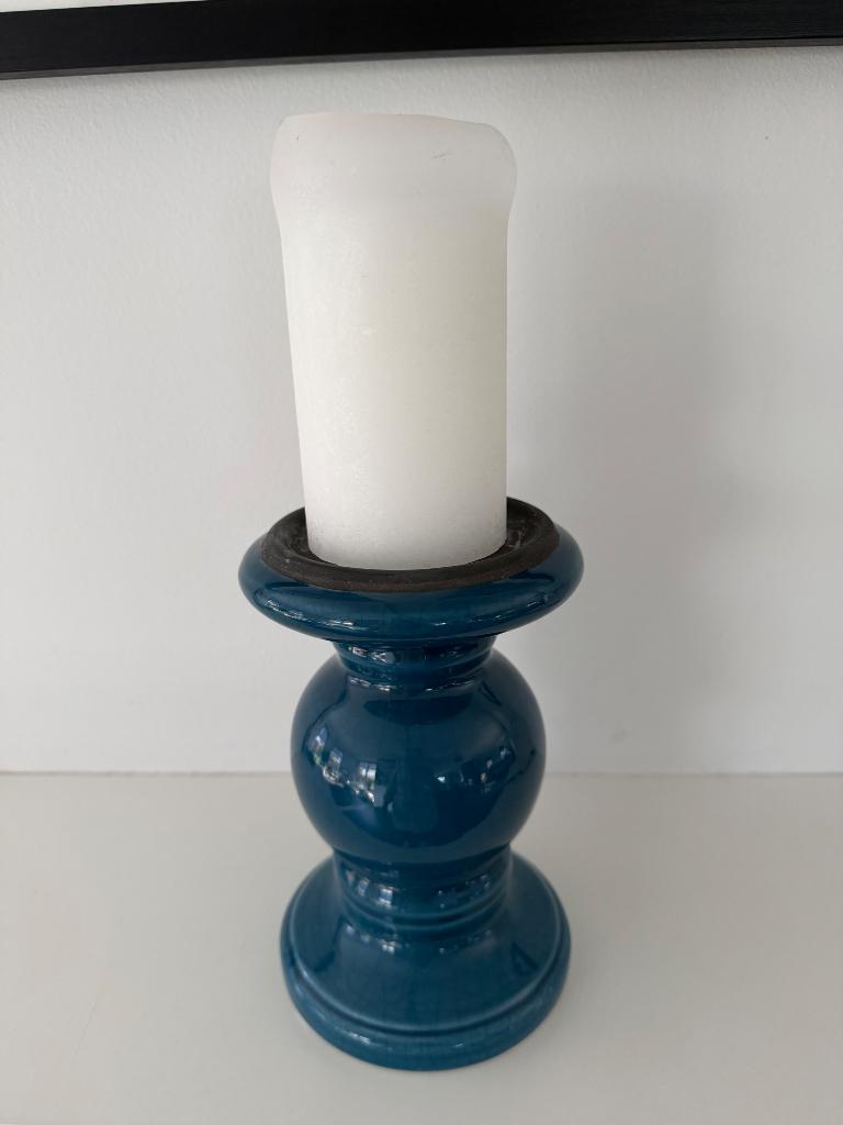 Mooie kandelaar / kaarsenstandaard - petrol/aqua blauw, Overige materialen, Blauw, Ophalen of Verzenden, Zo goed als nieuw