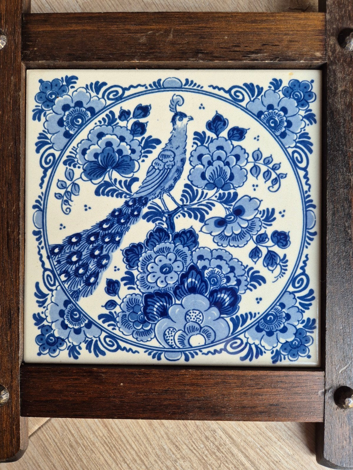 Delfts Blauw Tegeltableau met Pauw in Houten Lijst, Antiek en Kunst, Ophalen of Verzenden