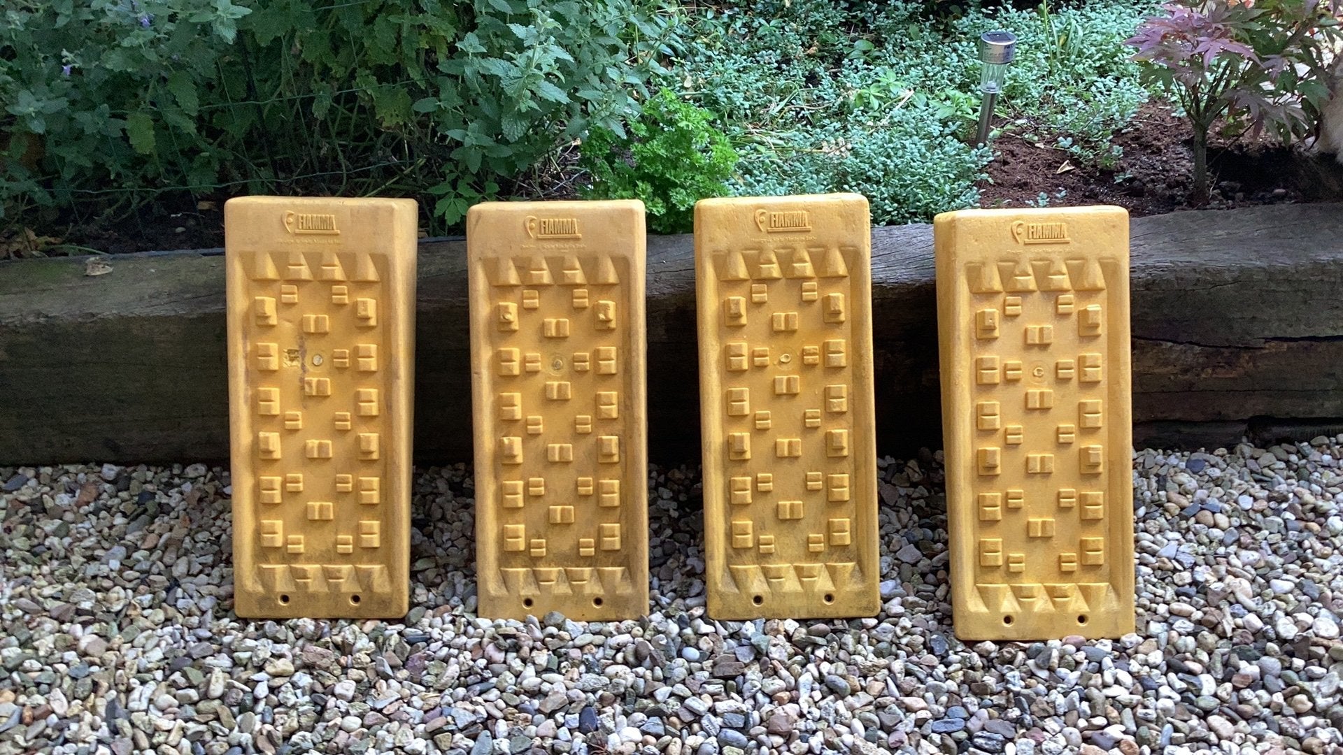 4 gele Fiamma oprijdblokken/levelers voor camper of caravan, Ophalen, Gebruikt