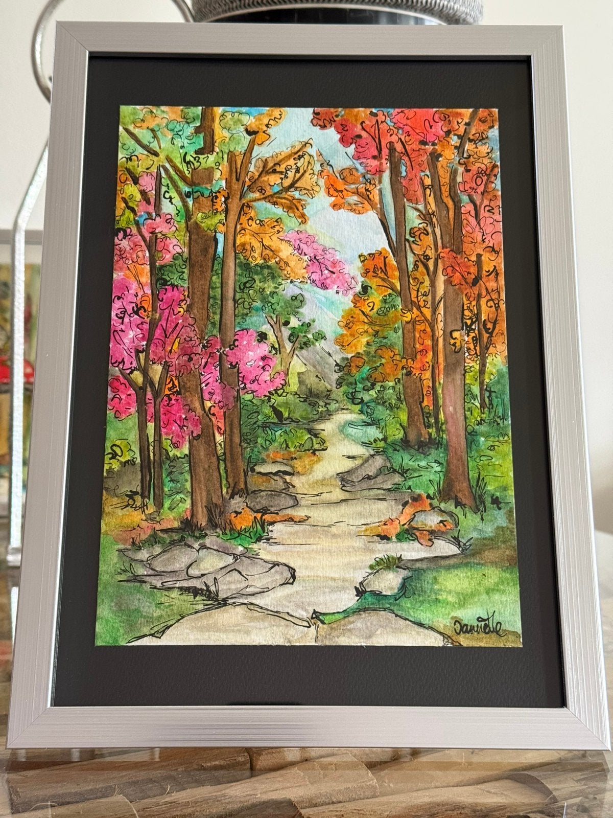Herfstbos kleurrijke aquarel, Verzenden, Gesigneerd, Landschap