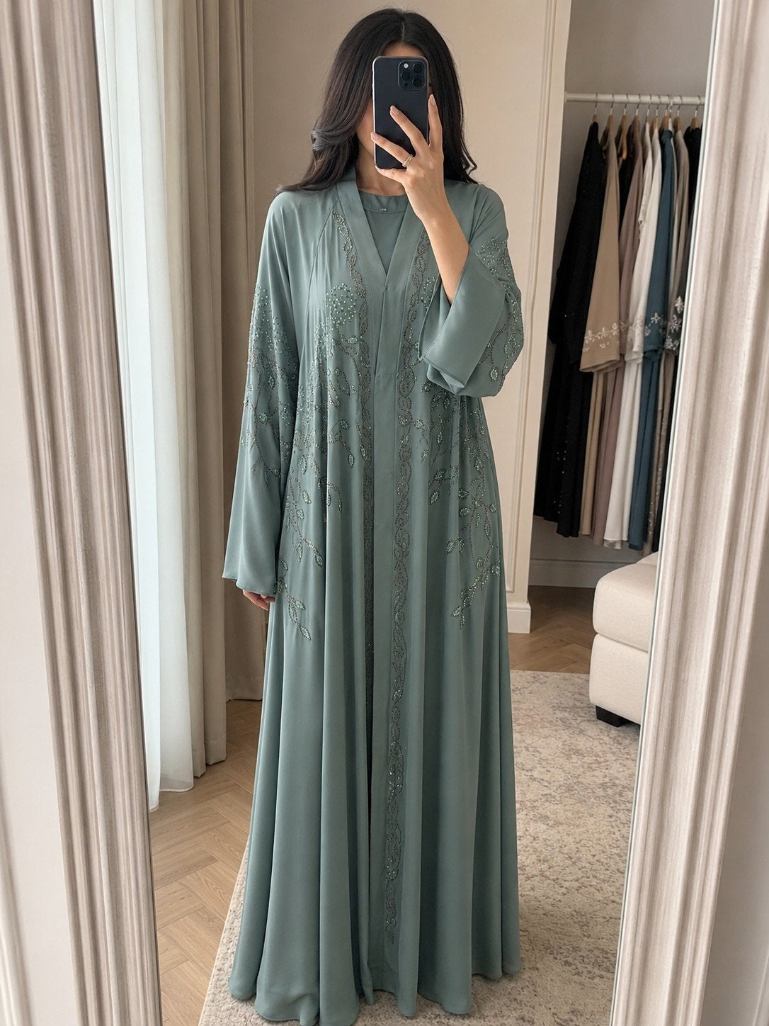 Elegante Mint Groene Dubai Abaya Met Hijab En Riem, Ophalen of Verzenden, Nieuw, Groen, Onder de knie