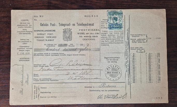 Postwissel Ned. Indië 1923 voor 100.000 gulden, Ophalen, T/m 1940, Gestempeld