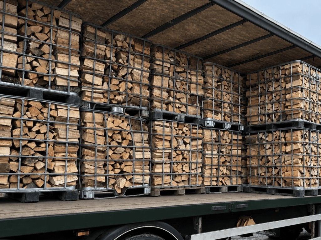 Droog kachelhout in IBC-kratten per vracht | vanaf 50 stuk, Tuin en Terras, Haardhout, 6 m³ of meer, Verzenden, Eikenhout, Blokken