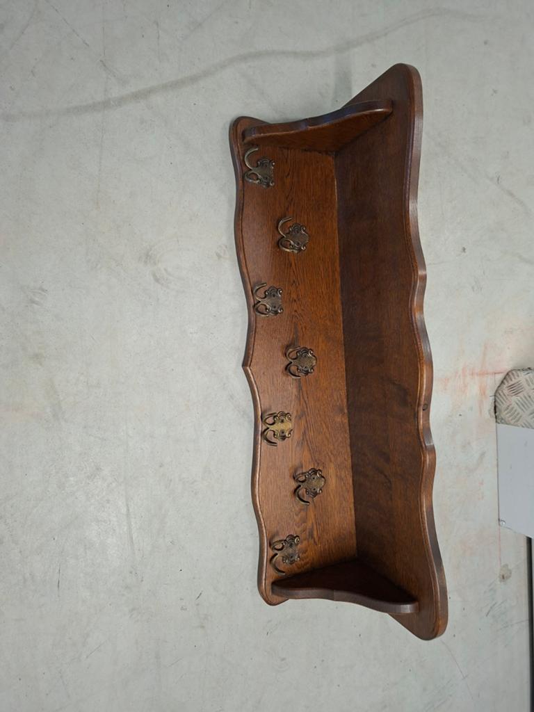 Antieke eikenhouten wandkapstok met bronzen haken, Gebruikt, Minder dan 100 cm, Hout, Ophalen