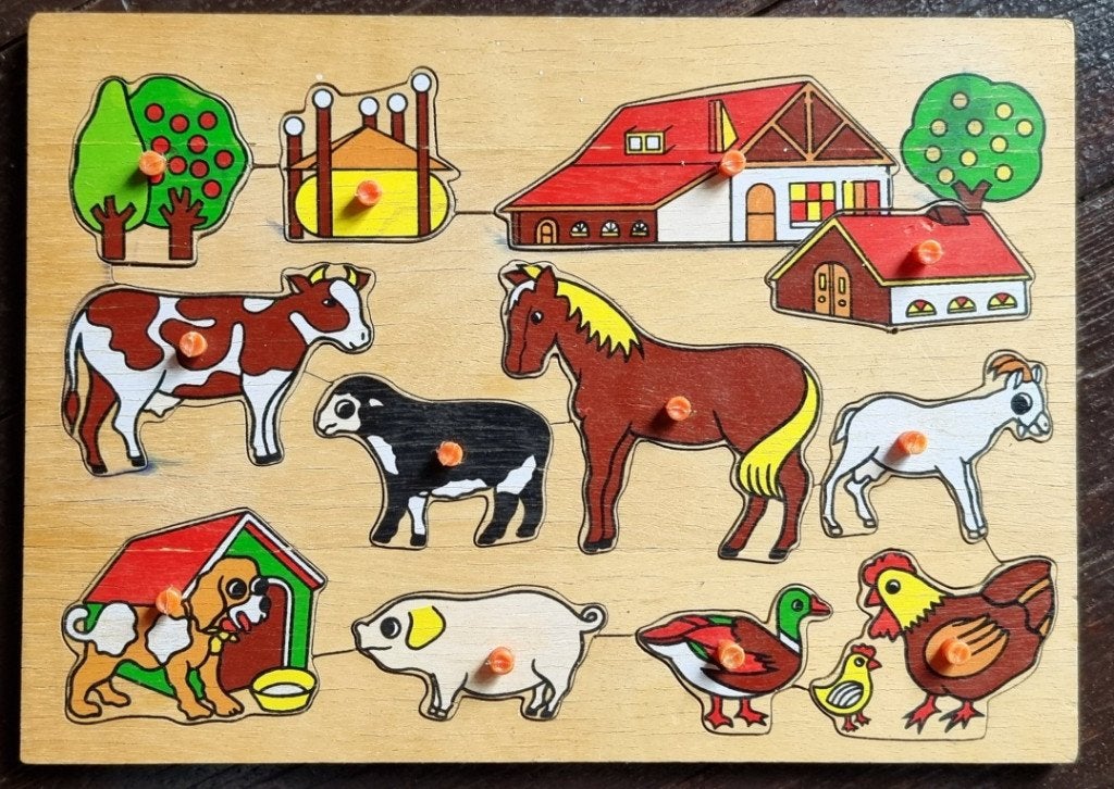 Puzzel boerderij & dieren - hout - 12 stukjes - IZGST, Kinderen en Baby's, Ophalen of Verzenden, 10 tot 50 stukjes, Zo goed als nieuw