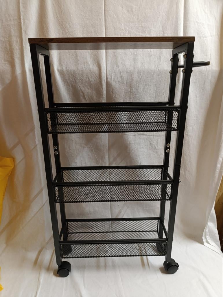 Nieuwe trolley op wieltjes met 3 manden en houten blad, Ophalen, Nieuw