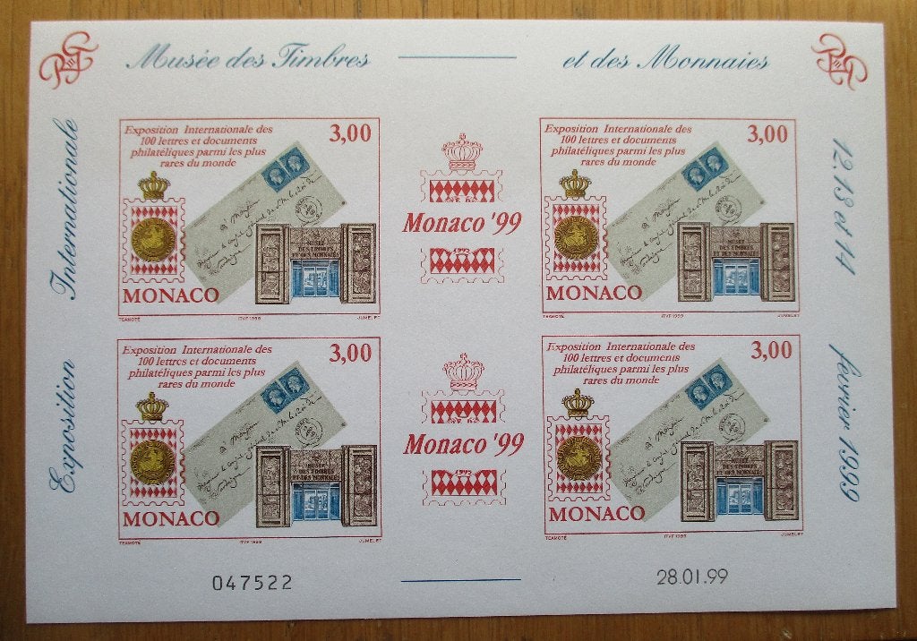 Monaco, ongetand blokje Postzegelexpo Monaco 99, Ophalen of Verzenden, Monaco, Postfris