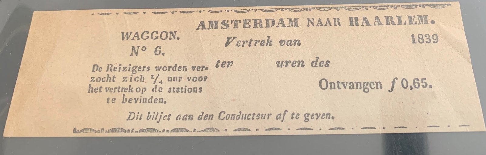 eerste treinkaartje Amsterdam Haarlem 1839 spoorwegen, Eén persoon, Trein, Nederland, Met bestemming of datum