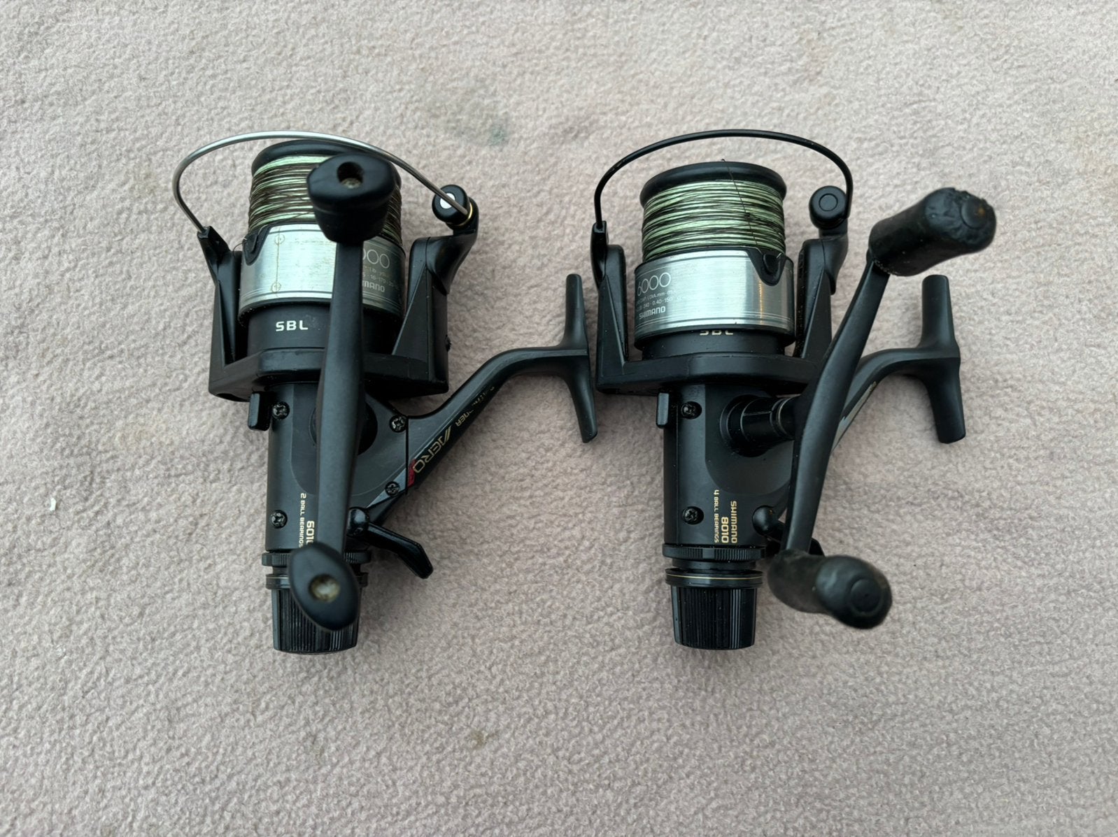 2 x shimano aero 6010-8010 baitrunner molens, Watersport en Boten, Ophalen of Verzenden, Gebruikt, Molen