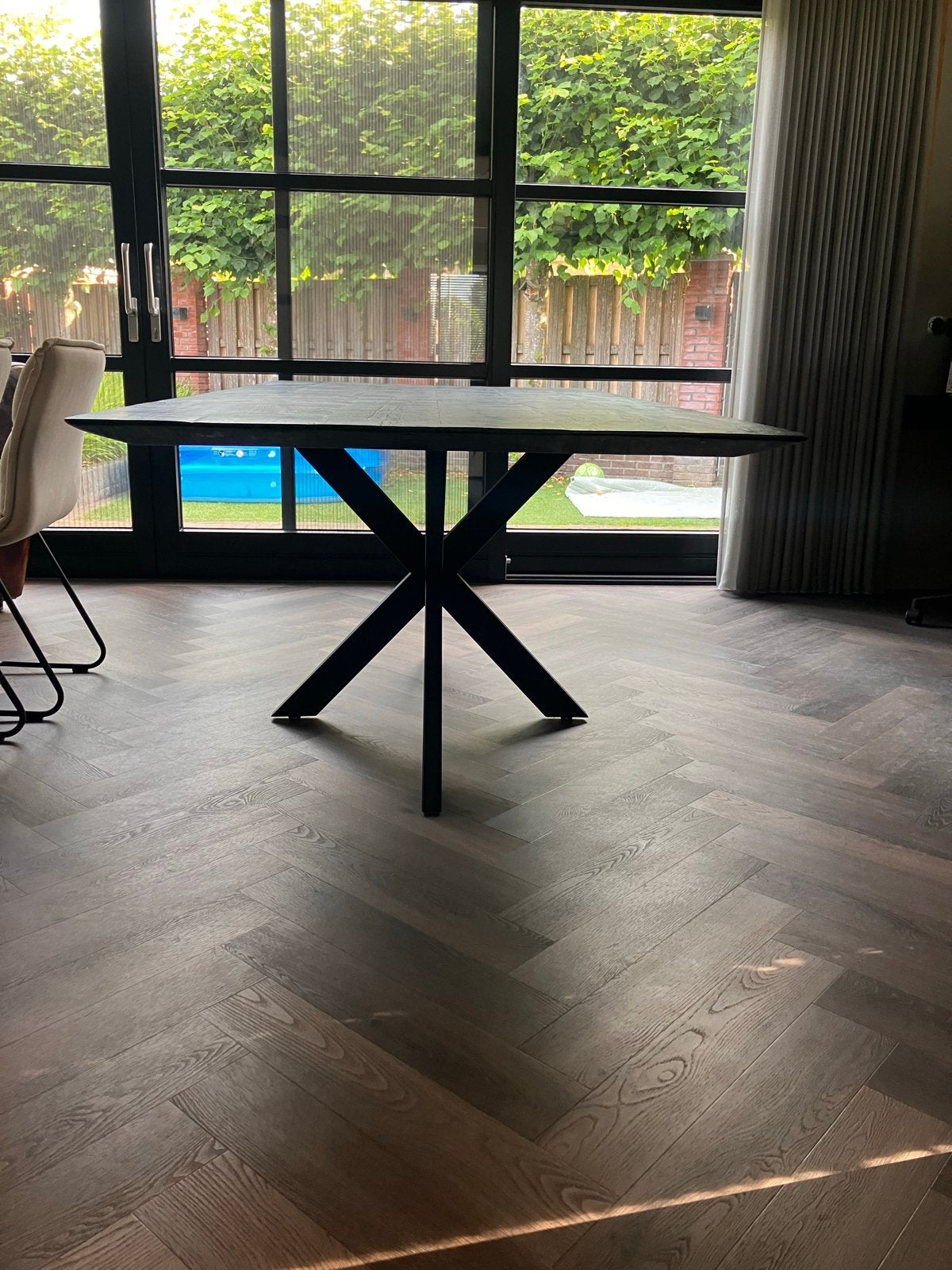 Teak Houten Eettafel 210 lang met Zwart Metalen Onderstel, Ophalen, Teakhout, 200 cm of meer, 50 tot 100 cm