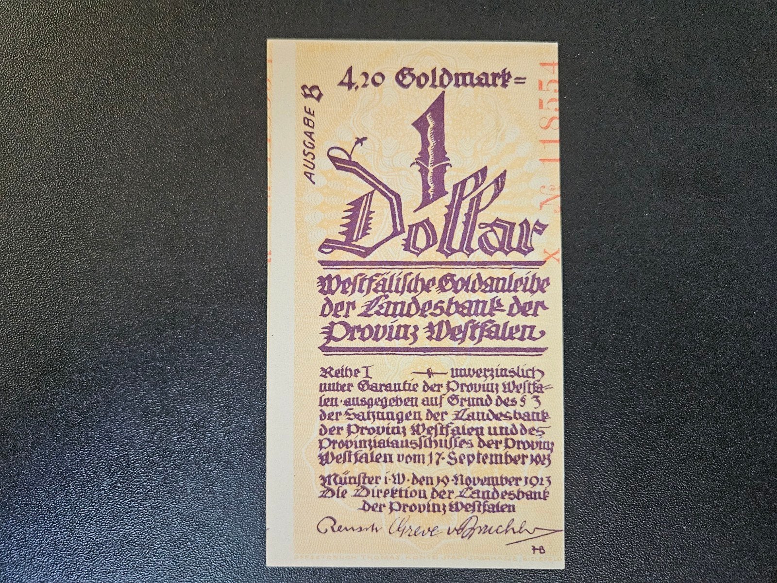 Duitsland Münster Westfalen UNC waardevast 1923 1 dollar, Ophalen of Verzenden, Duitsland, Los biljet