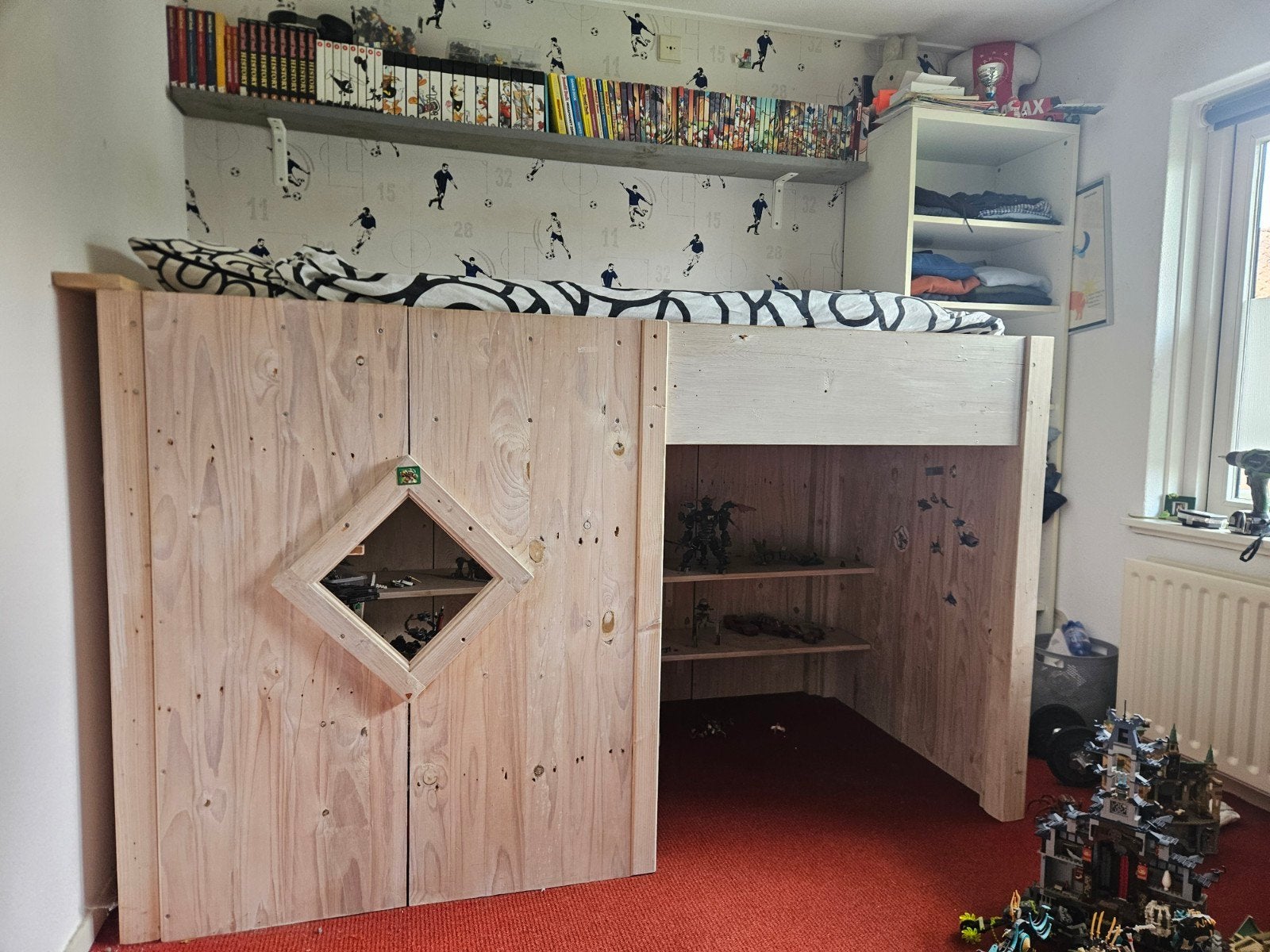 Handgemaakte hoogslaper met opbergruimte en speelplek, Gebruikt, Eenpersoons, Ophalen of Verzenden, 200 cm