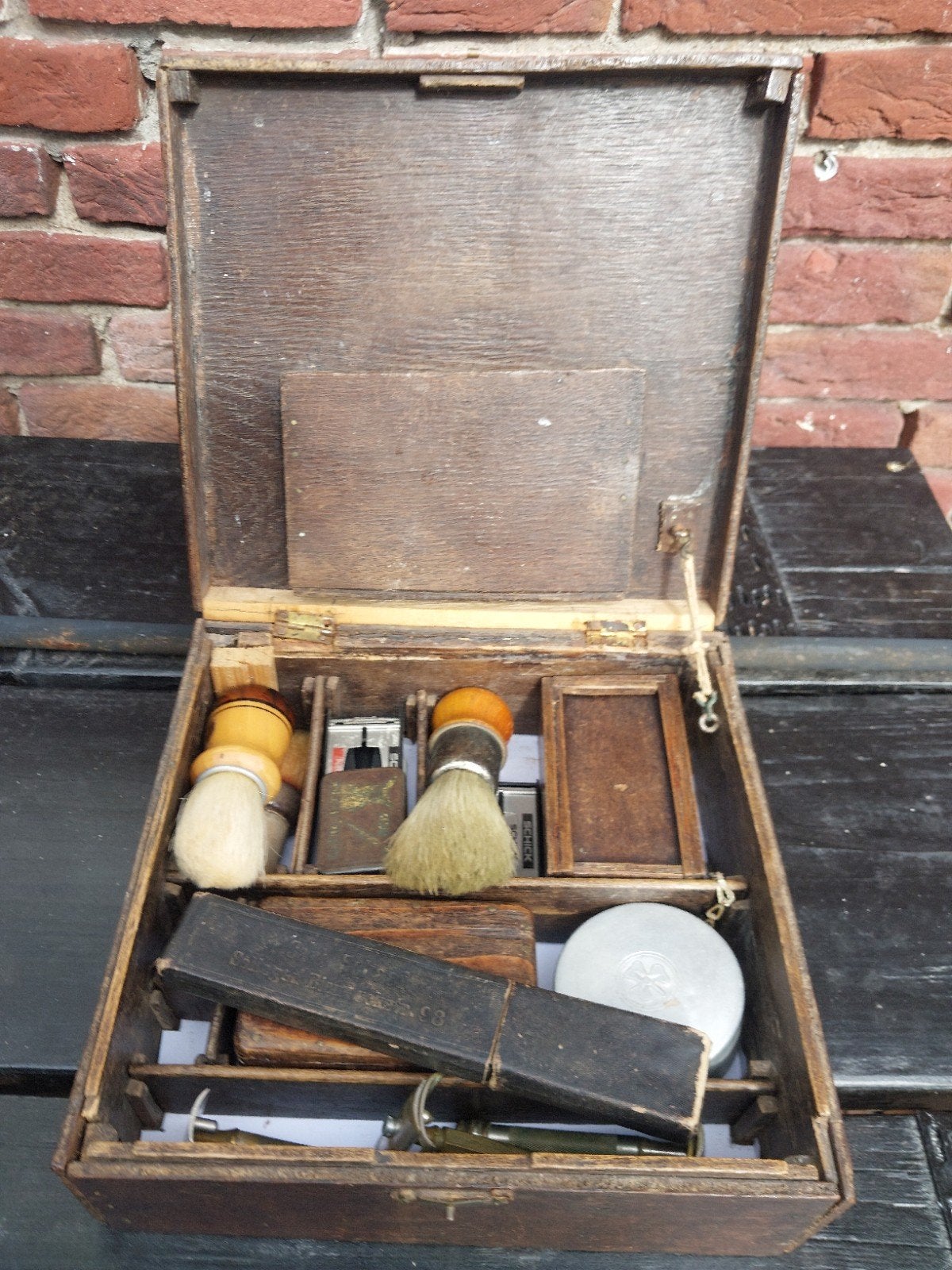 Antieke scheerset in houten kist, Ophalen of Verzenden