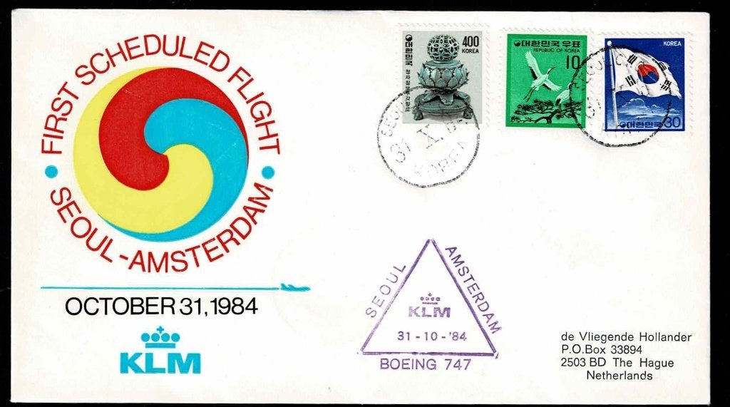 eerstedagenvelop KLM 1e vlucht Seoul-Amsterdam 31-10-1984, Postzegels en Munten, Ophalen of Verzenden, Beschreven, Rest van de wereld