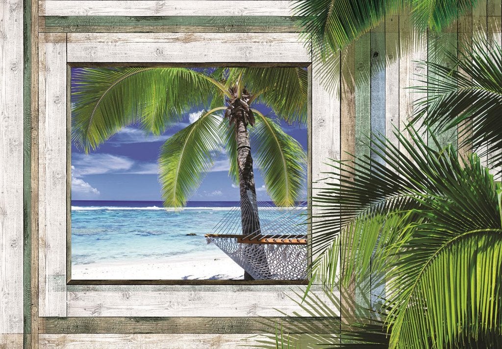 Strand Fotobehang 3D Hangmat, Strandbehang *Fotobehang4you, Huis en Inrichting, Stoffering | Behang, Verzenden, Fotobehang