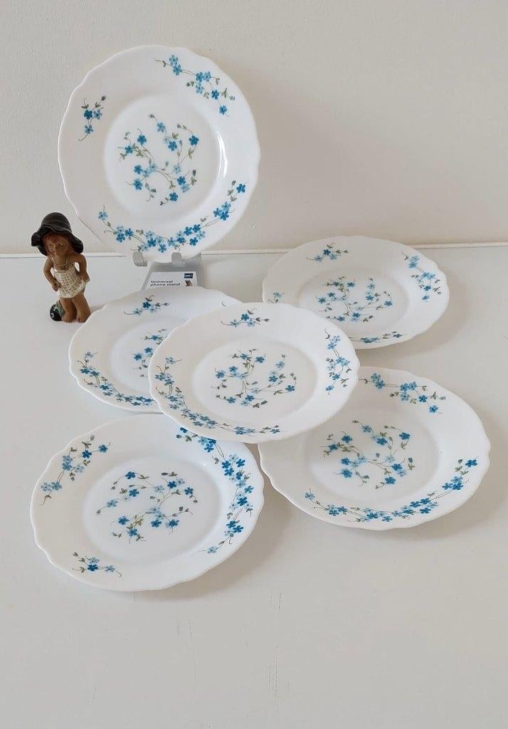 Vintage  6 ontbijt borden Arcopal Myosotis vergeet-mij-niet, Eu, Eu, Ophalen of Verzenden, Bord(en)