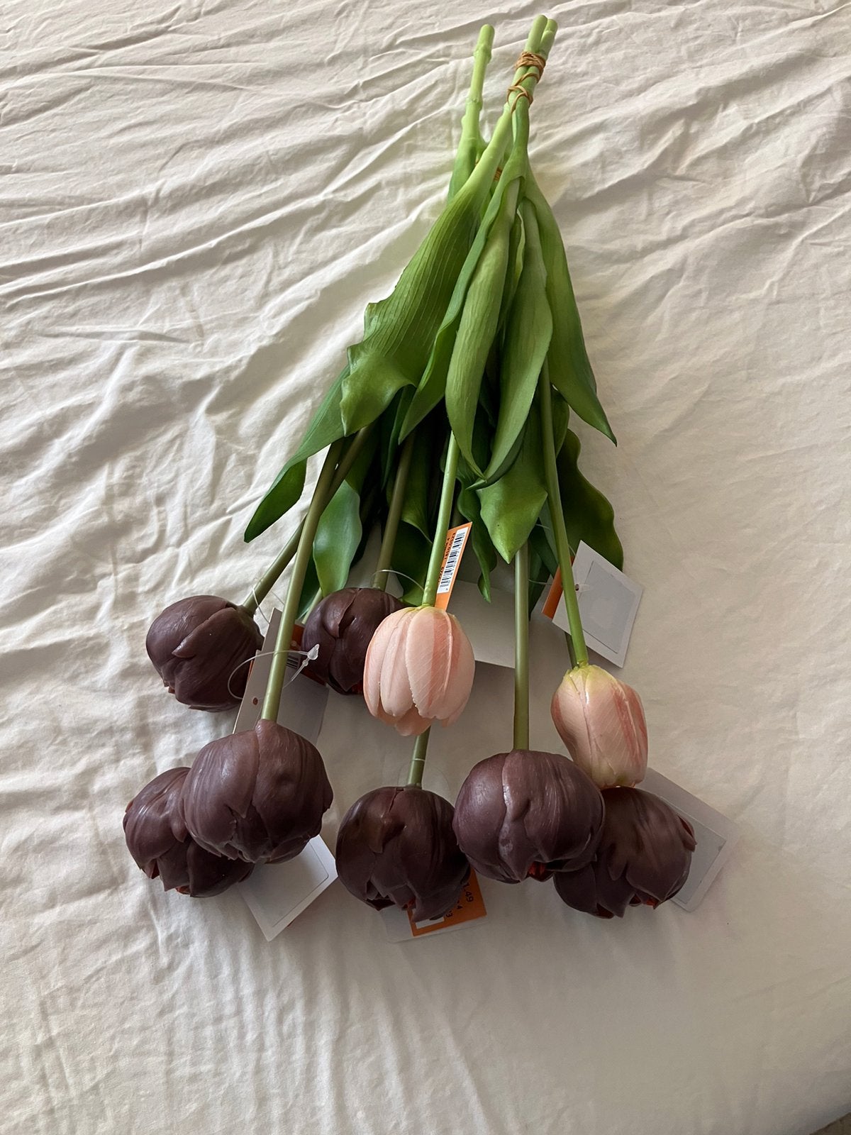 Nieuw=nep bloemen 7x paars 2x zalmroze tulpen =decoratie, Paars, Kunstbloem, Nieuw, Ophalen of Verzenden