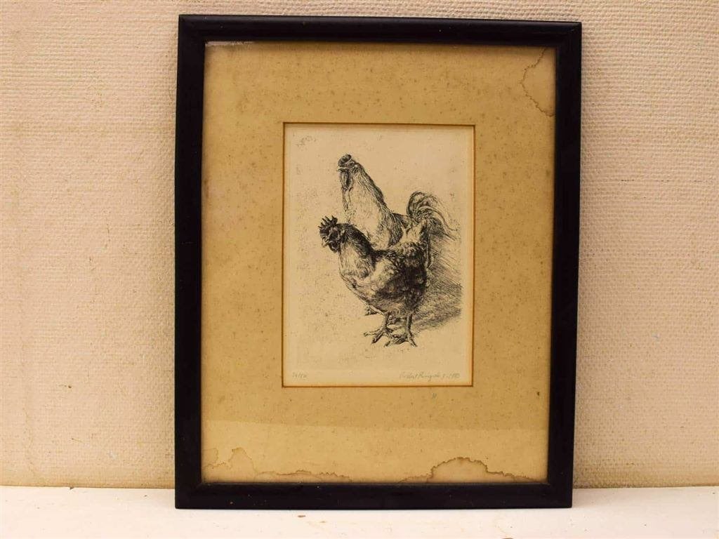 Een ets van een haan en een kip 53443, Verzamelen, Ophalen of Verzenden, Voor 1920, Ongelopen, Vogel