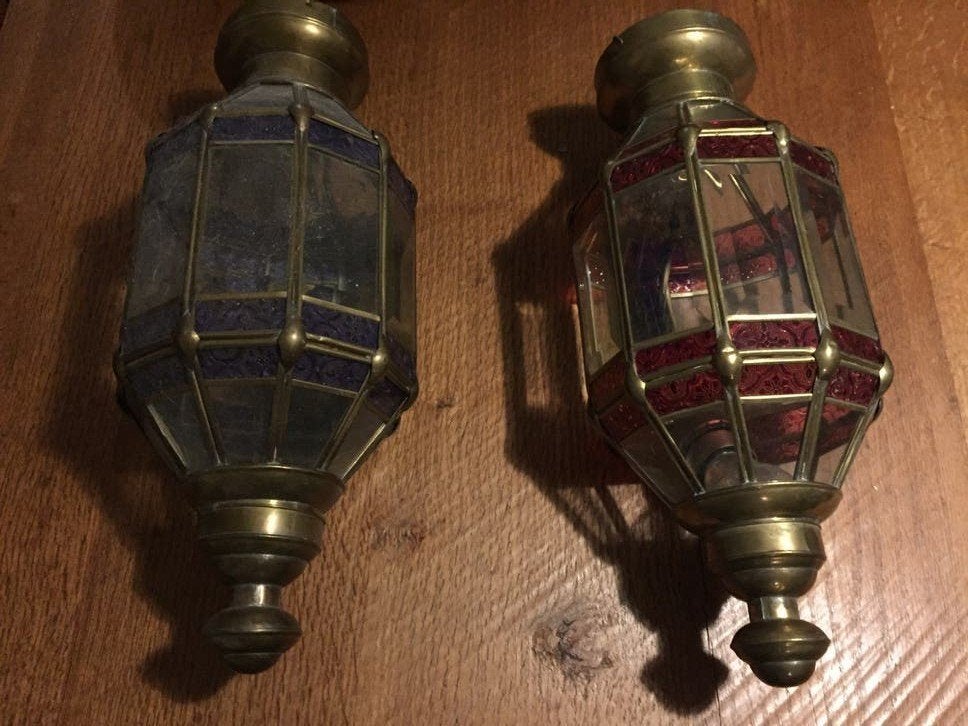 2 Grote Oosterse Lampen - Hanglampen met Gekleurd Glas, Antiek en Kunst, Antiek | Lampen, Ophalen of Verzenden