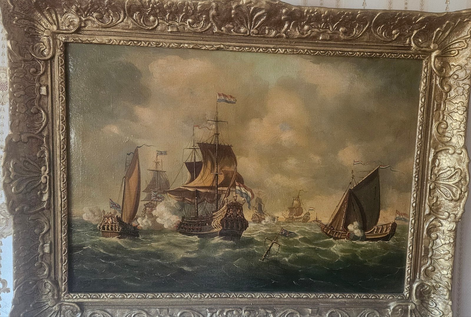 antiek MARITIEM  DE Gouden Eeuw Zeeslag Schilderij - 90x70cm, Antiek en Kunst, Ophalen, Doek, Oud hollands, Handgeschilderd