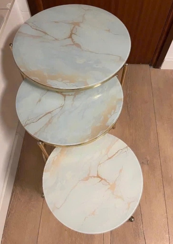 ZganBijzettafel 3 stuks bijzettafels marmer look glas goud, 45 tot 60 cm, Minder dan 55 cm, Rond, Ophalen of Verzenden
