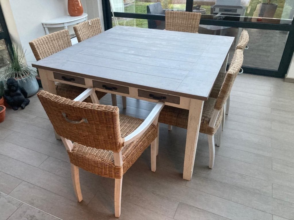 Riviera maison tafel en stoelen, Ophalen, Zo goed als nieuw, Landelijk, 4 tot 6 stoelen
