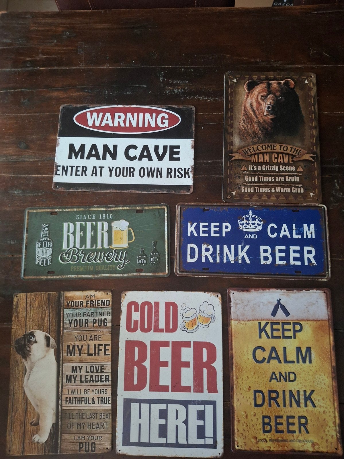Metalen decoratieborden: Man Cave, Bier & Pug, Vintage, Meerkleurig, Ophalen of Verzenden, Zo goed als nieuw