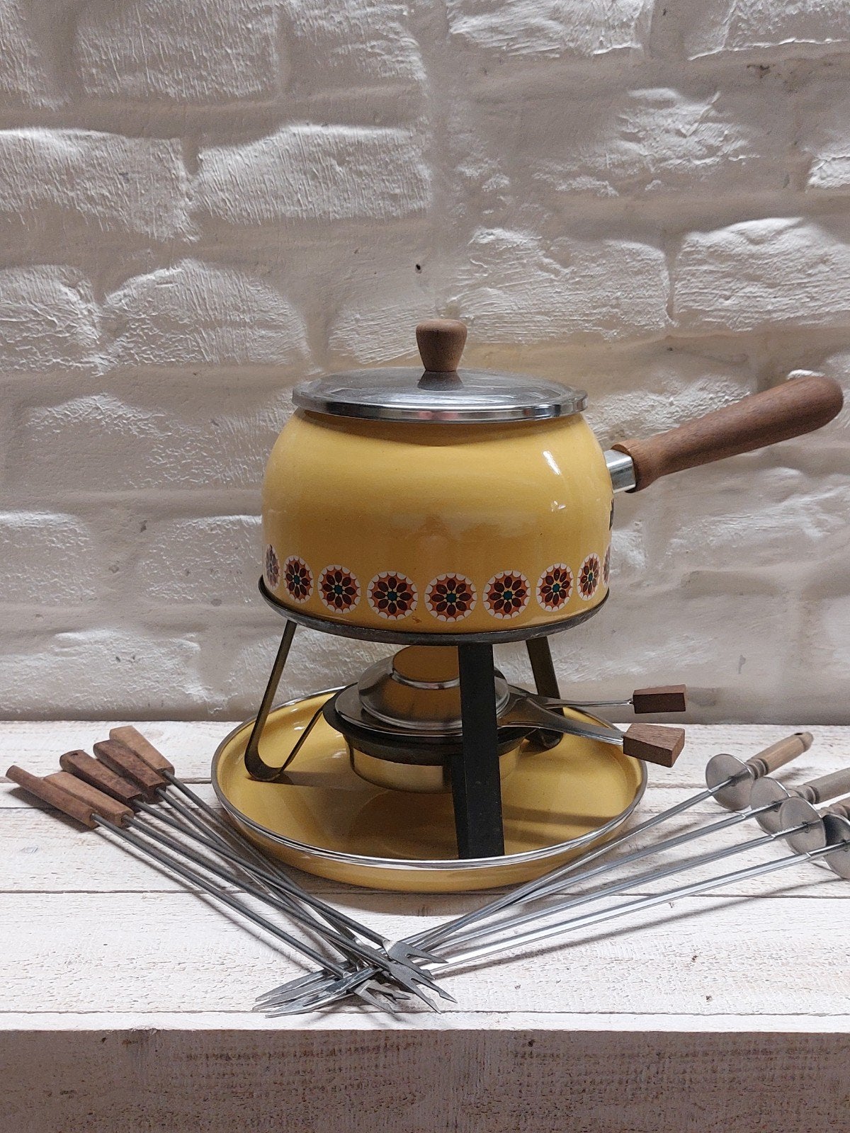 Vintage Gele Fonduepan met Brander en Vorken, Verzenden, Gebruikt, Brander, Fonduepan