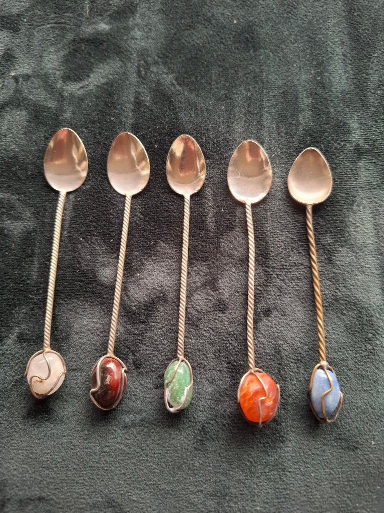 Vintage theelepeltjes met halfedelstenen, set van 5, Antiek en Kunst, Ophalen of Verzenden