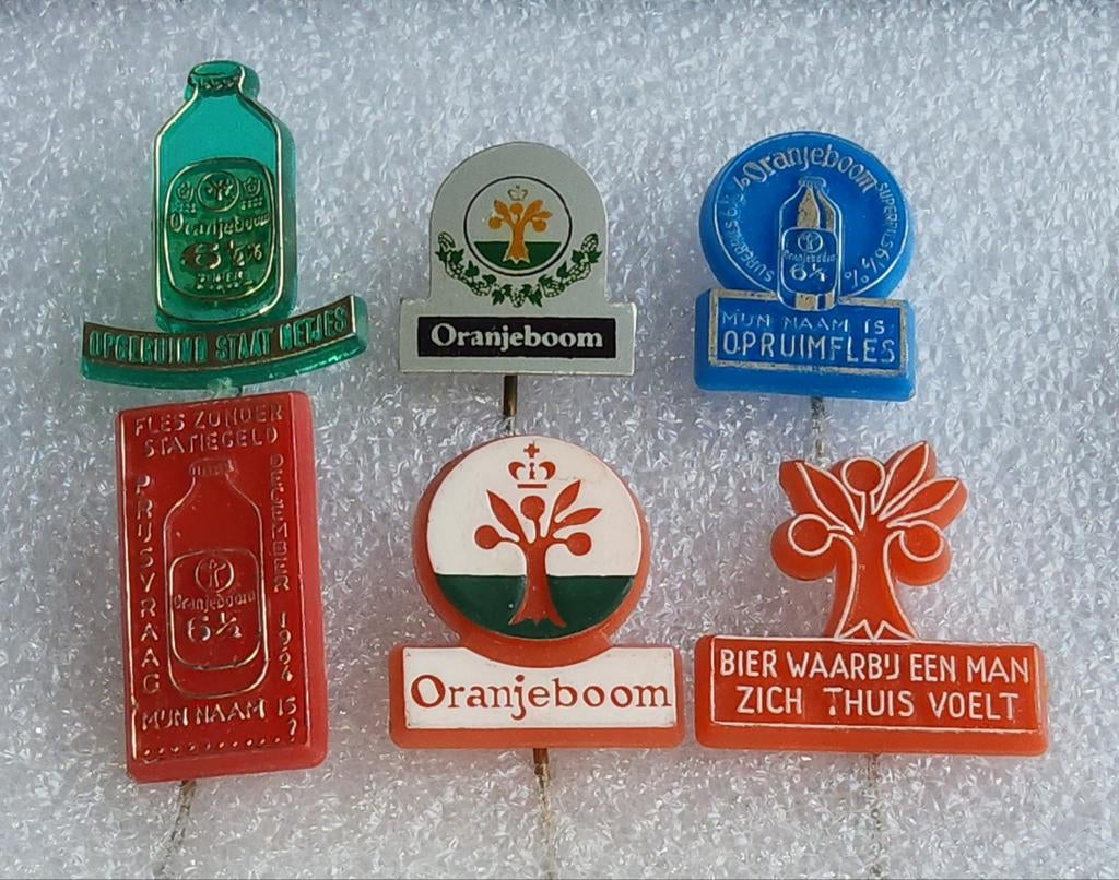 6 Vintage Oranjeboom Speldjes - Bier Reclame, Verzamelen, Speldjes, Pins en Buttons, Gebruikt, Speldje of Pin, Merk, Ophalen of Verzenden