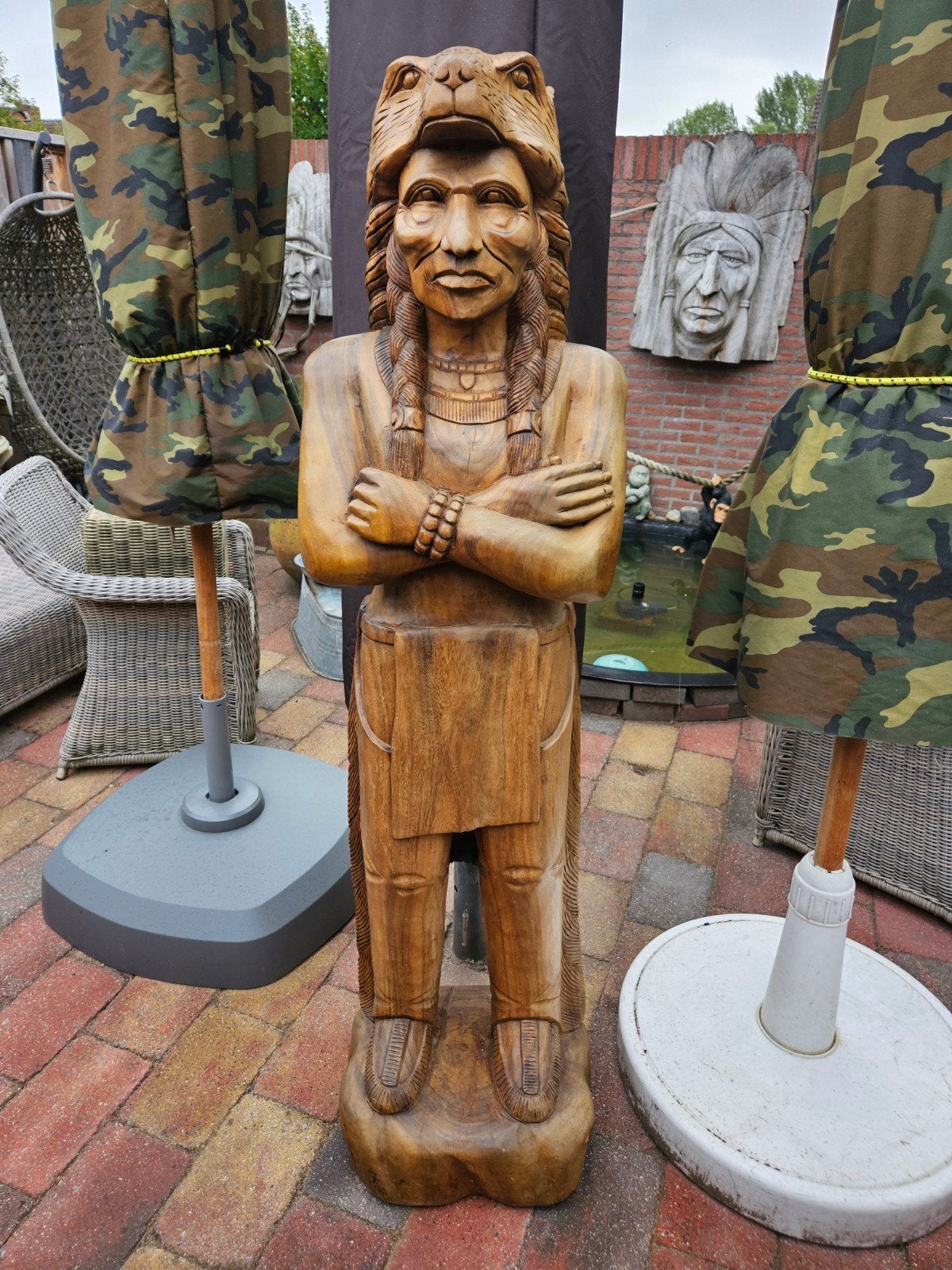 MASSIEF HOUTEN INDIANEN BEELDEN VOOR STEAKHOUSE COUNTRY BAR, Antiek en Kunst, Ophalen, Hout, Beeld, 1 meter - 2 meter