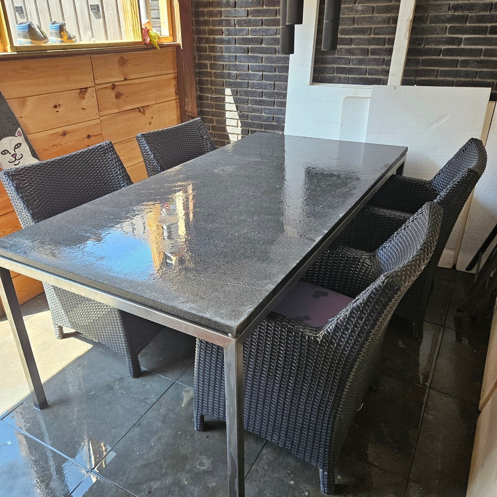 Natuursteen TuinTafel (100x200cm) en 4 stoelen, Ophalen, Gebruikt, Rechthoekig, Metaal