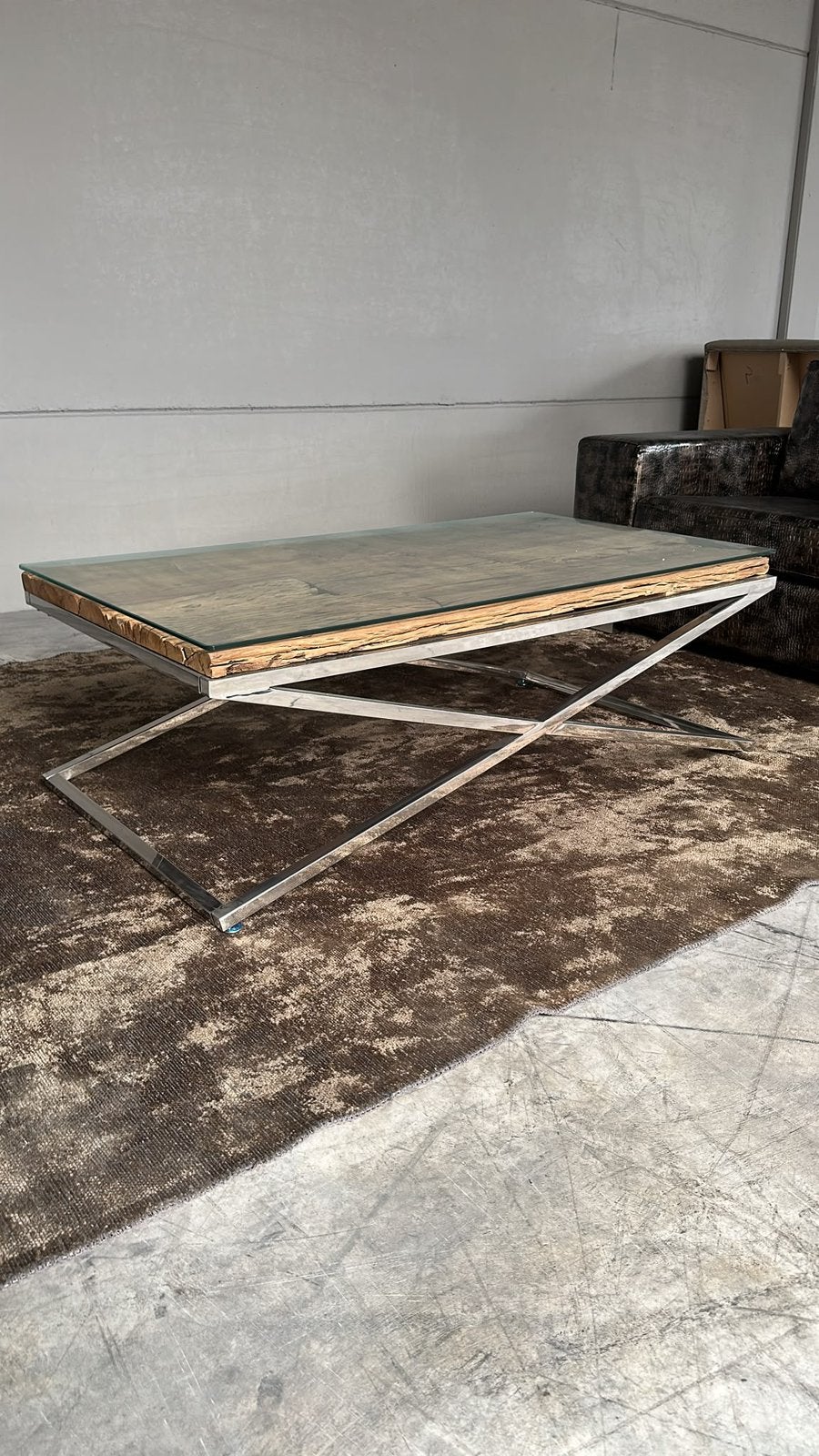Salontafel Rixos hout met glasplaat chrome, Ophalen, 100 tot 150 cm, Nieuw, 50 tot 100 cm