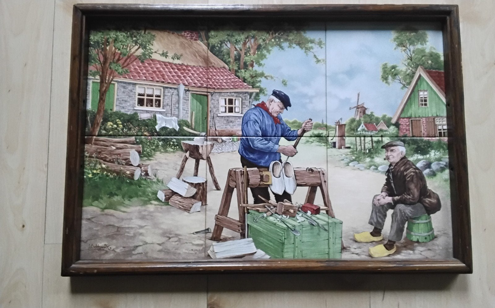 Ingelijst Tegeltableau: Landelijk Tafereel met Klompenmaker, Ophalen