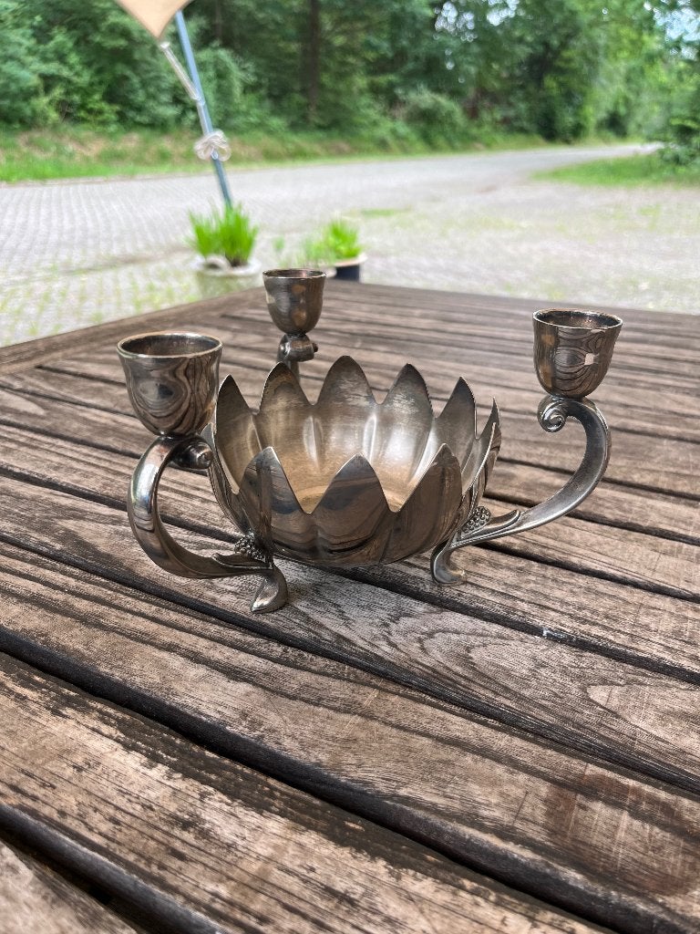 Verzilverde kaarsenhouder | lotusbloem, Antiek en Kunst, Ophalen of Verzenden, Overige materialen