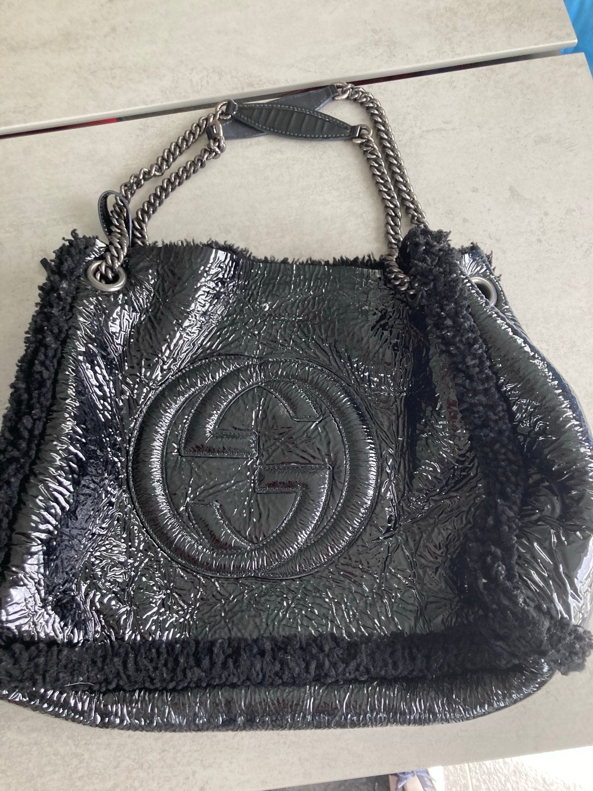 Gucci Soho Disco Tas Zwart Lakleer met Teddy Bont, Ophalen of Verzenden, Gebruikt, Zwart, Schoudertasje