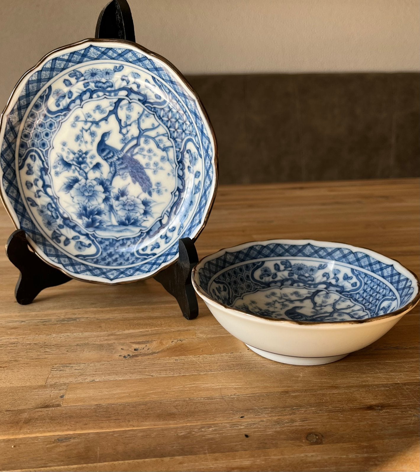 Antiek Japans porseleinen bord schaaltje pauwdecor ca 1930, Antiek en Kunst, Ophalen of Verzenden