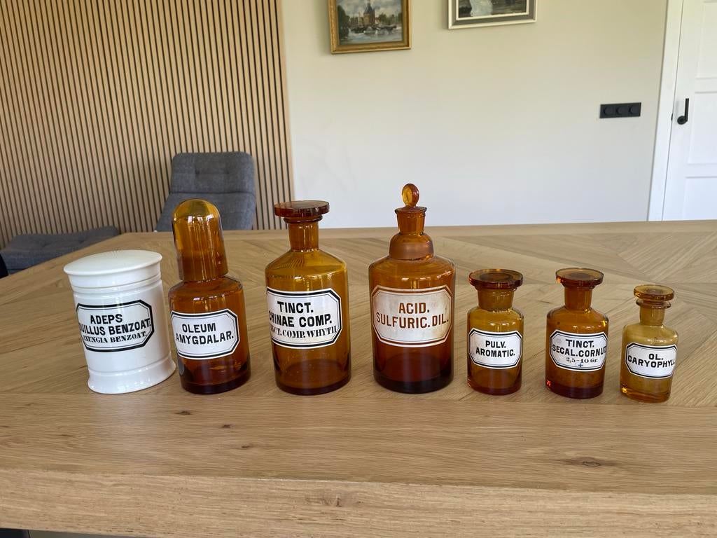 Set van 7 Vintage Apotheek Potjes - Amber Glas en Keramiek, Ophalen of Verzenden