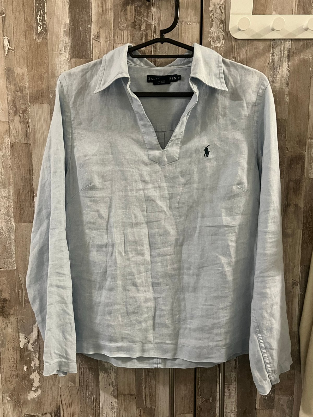 Ralph Lauren Lichtblauwe Slim Fit Linnen Blouse, Ophalen of Verzenden, Maat 38/40 (M), Blauw