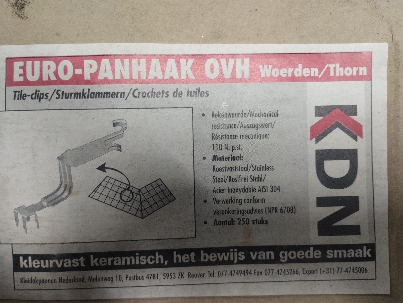 Euro panhaak RVS ovh ook van Monier doos 250 stuks, Ophalen, Steen of Klei, Nieuw, Minder dan 5 m²