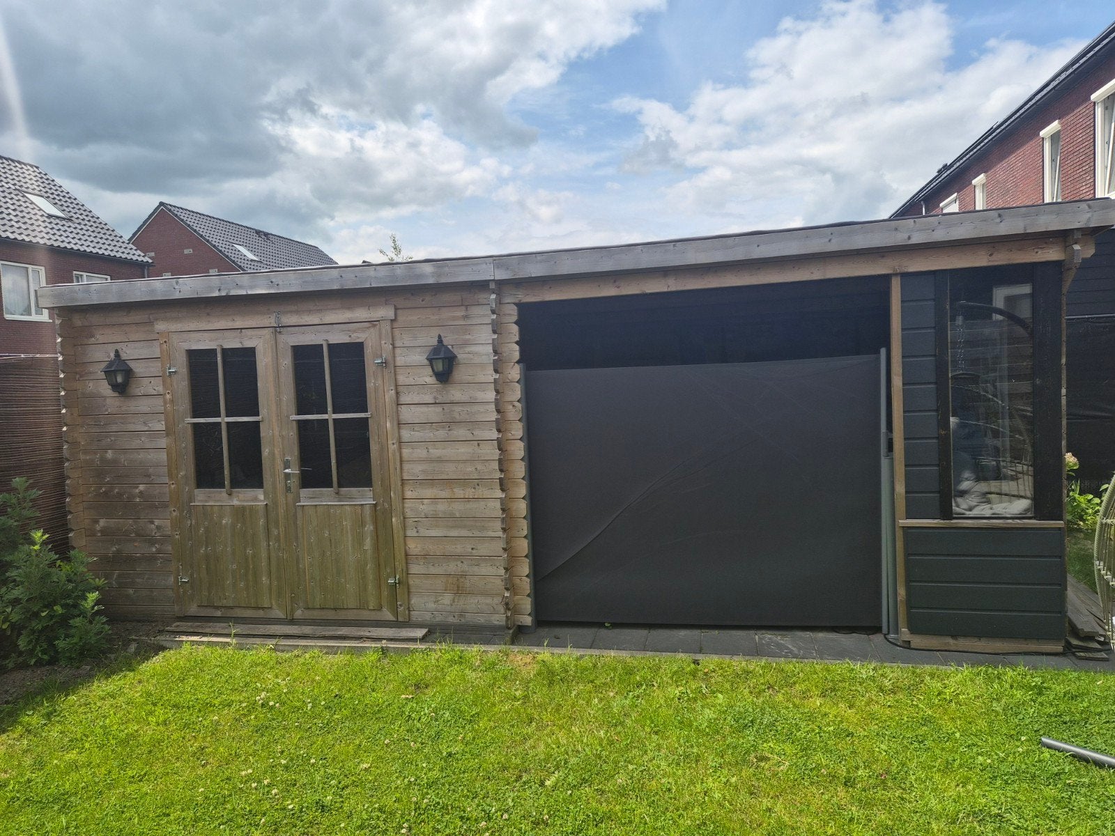 "Luxe houten tuinhuis/blokhut met overkapping 6x3 meter - 3, 200 tot 400 cm, Ophalen of Verzenden, Zo goed als nieuw, 500 cm of meer