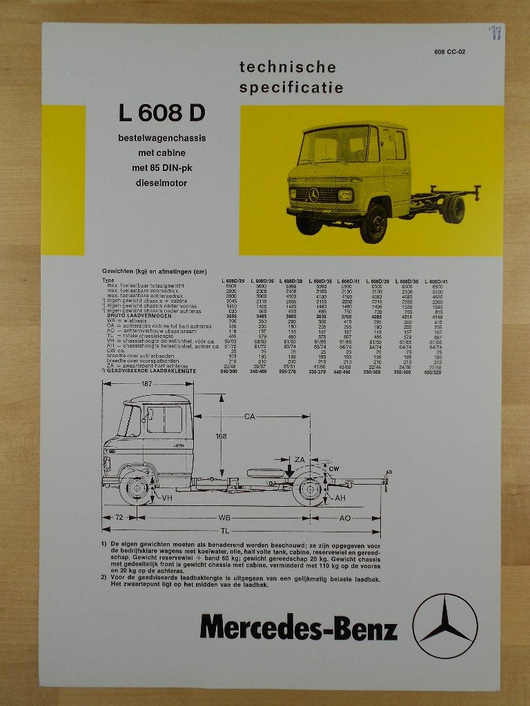 Mercedes 608 D Technische Specificatie Brochure 1977 608D CC, Zo goed als nieuw, Mercedes-Benz, Mercedes, Ophalen of Verzenden