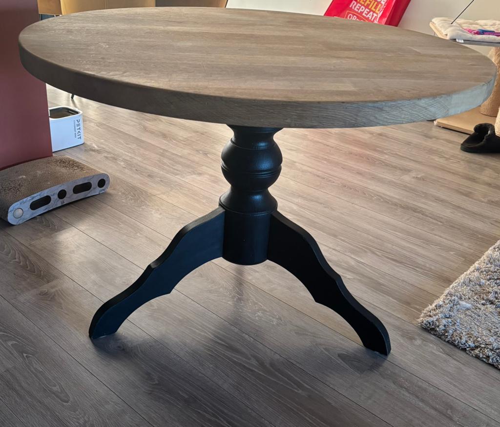 Ronde eettafel hout met zwart, Huis en Inrichting, Tafels | Eettafels, Ophalen, Gebruikt, 100 tot 150 cm, Rond
